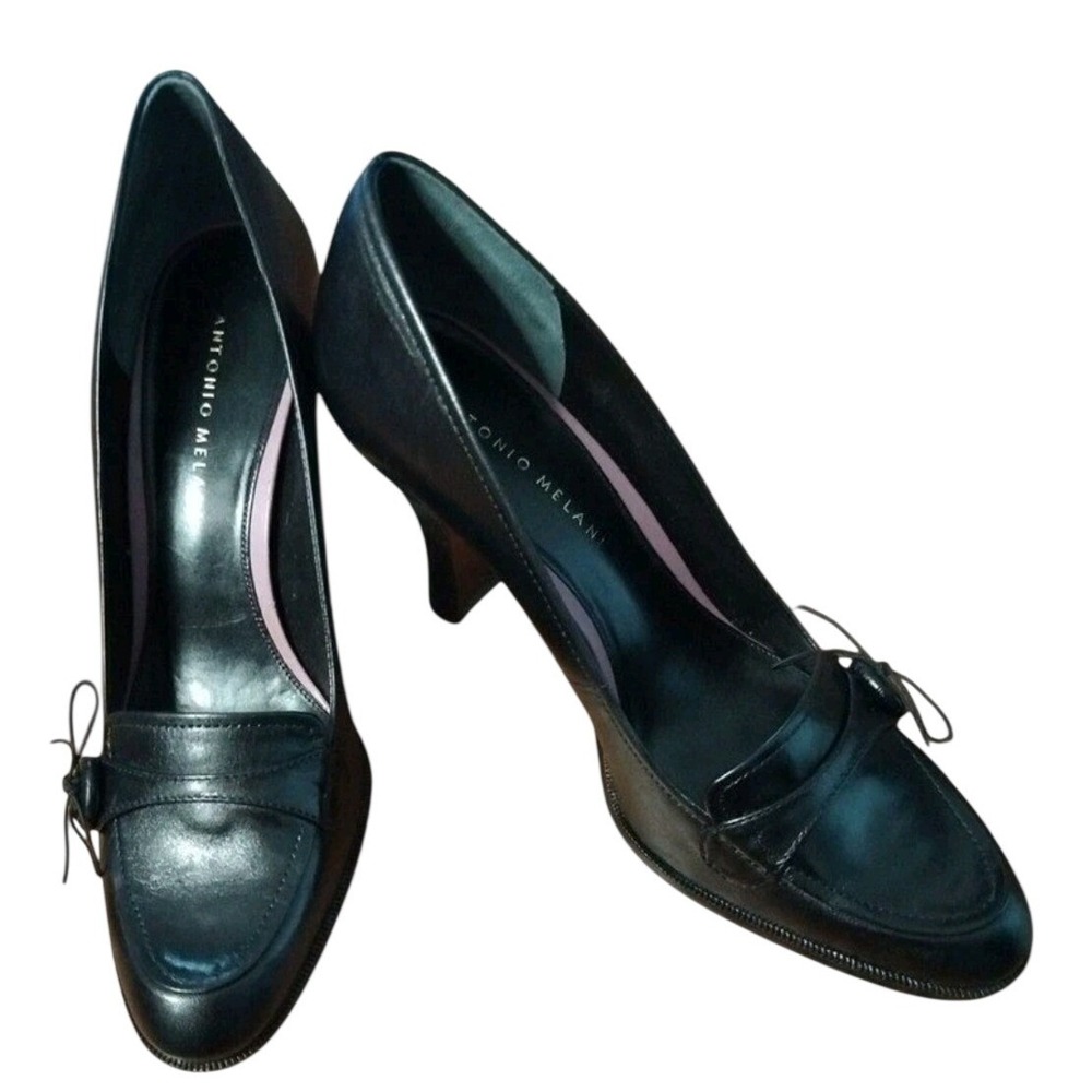 Antonio Melani Black Leather Loafer 3in Heels‎ Size 8.5M Tie Detail Officecore